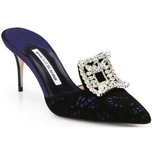 Manolo Blahnik Borli Mules Jewel Lace Crystal Black Blue Pointed Heels Sz 37 / 7